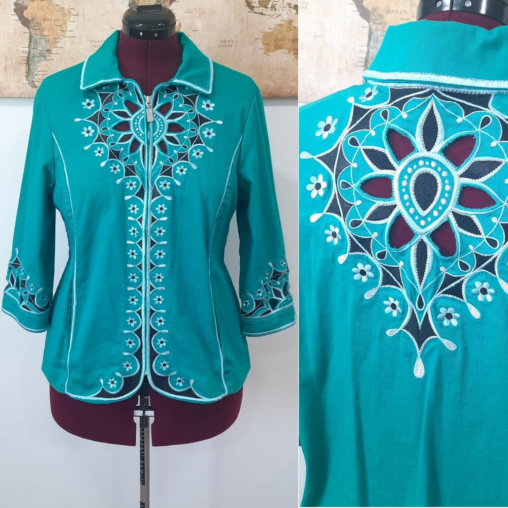 Vtg 90s Turquoise 3/4 Sleeve Jacket - Bob Mackie Wearable Art Brand
